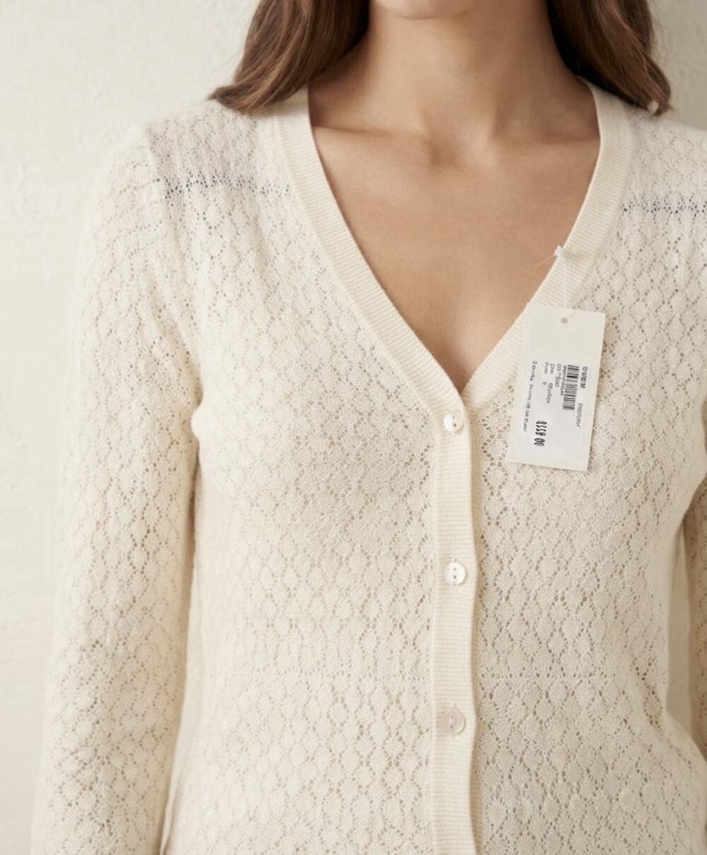 Sanctuary Ivory Open Knit V-Neck Button Front Cotton Cardigan Sweater S
